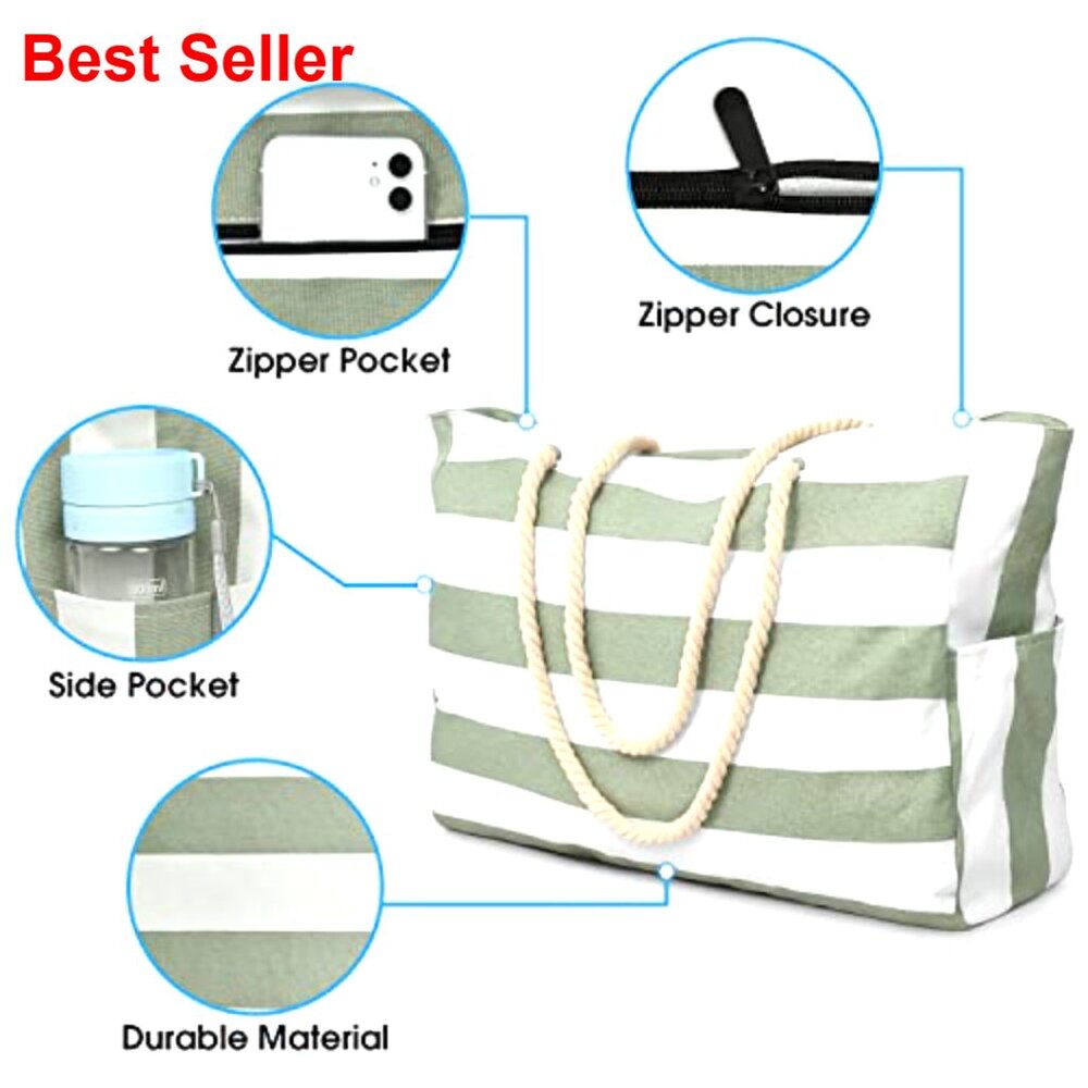 Large Waterproof Beach Tote Bag with Zipper Closure Extra Capacity - Picture 4 of 7
